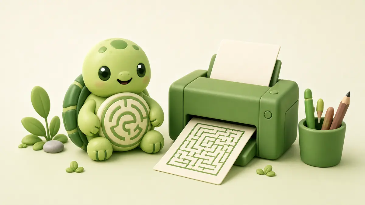Maze Printables mascot beside a printer with a maze worksheet